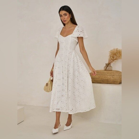 NWT Size MP - Extro&Vert Ada Flutter-Sleeve Broderie Midi Dress - Picture 2 of 13